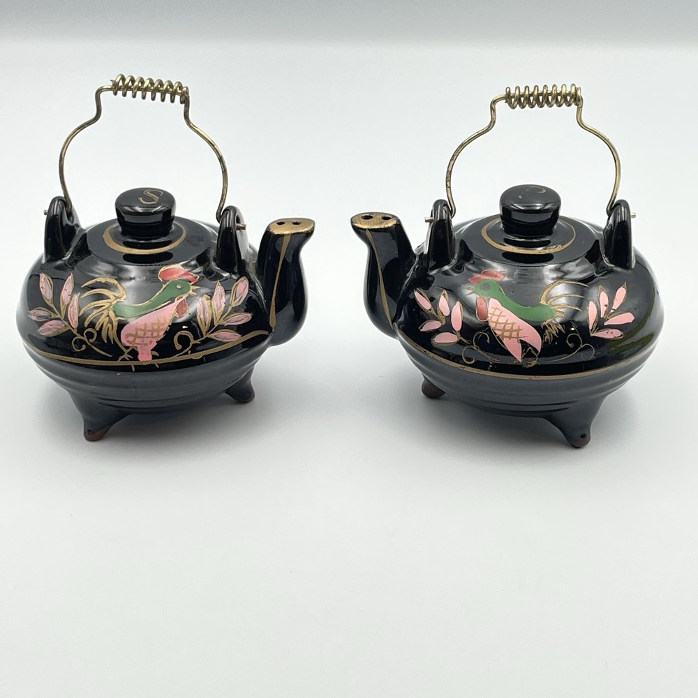 Vintage Japan Rooster Teapot Salt & Pepper Shakersβ Black Hand Painted MCM